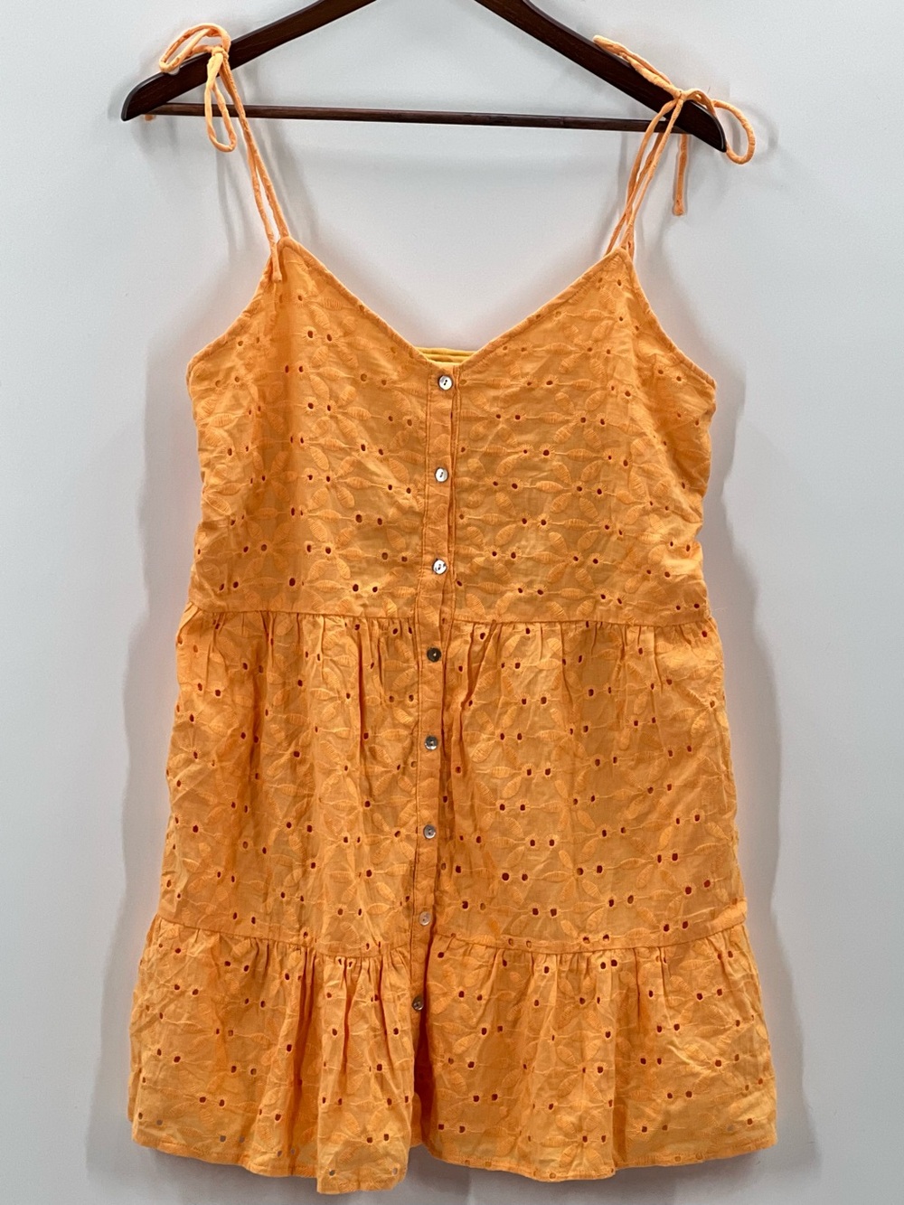 223 Blue Rain Orange Eyelet Tie Strap Flounce Mini Sundress